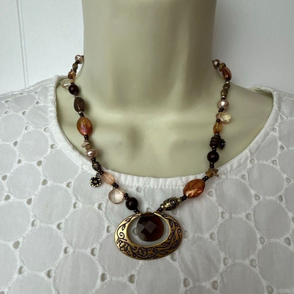 Vintage Premier Designs Rock Beads Browns Fall Amulet Necklace Tan Gold Statemen